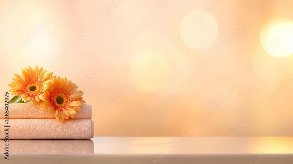 Poster soft towel and delicate flower create tranquil scene on table