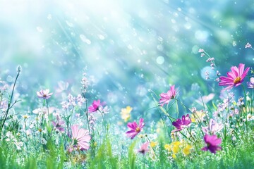 Fototapeta premium Vibrant Wildflowers Bloom in a Sunlit Meadow During the Spring Season, Showcasing a Colorful Display of Nature's Beauty and Tranquility