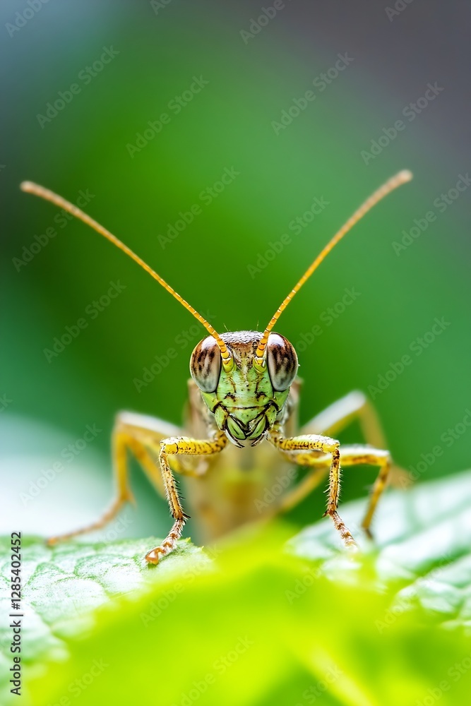 Aufkleber close up of grasshopper with intricate details and vivid colors against lush green background : gene