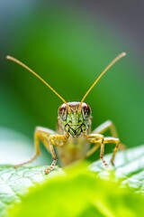 Fototapeta premium Close Up of Grasshopper with Intricate Details and Vivid Colors Against Lush Green Background : Generative AI