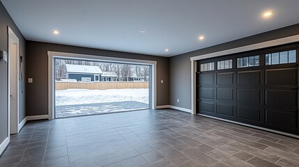 Modern garage interior, open door, snowy backyard view, winter real estate