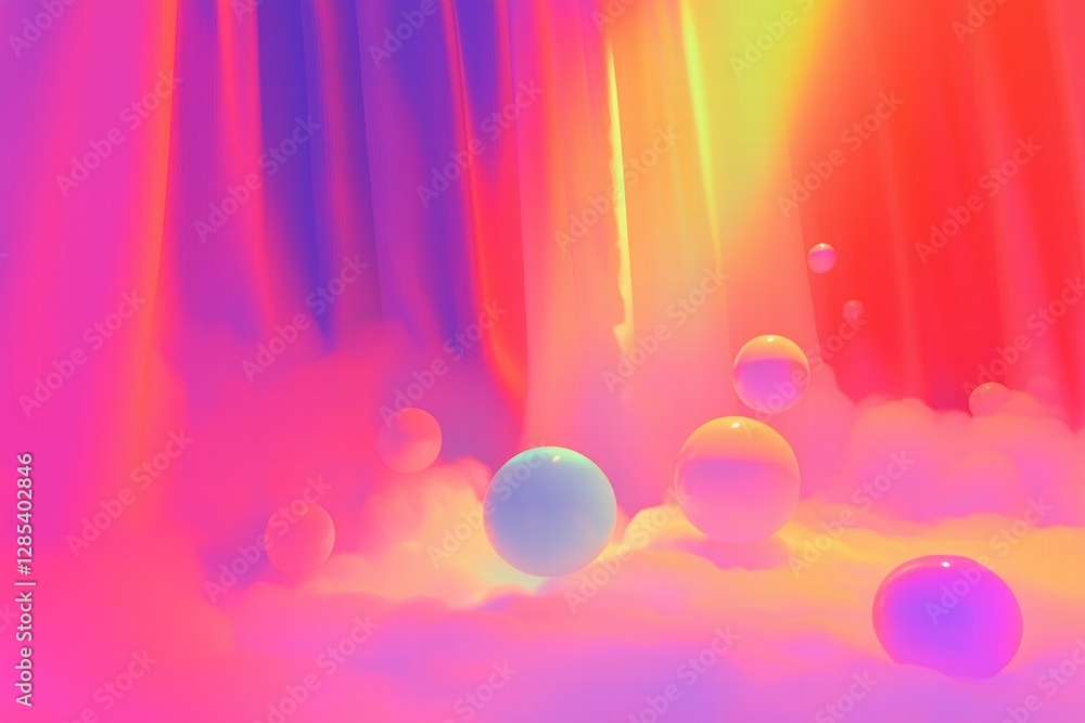 Poster a vibrant abstract scene featuring colorful gradients and floating spheres amidst a misty background