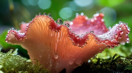 A close-up of a fresh mushroom cap with glistening water droplets on its surface, set against a blurred green background of foliage and moss
