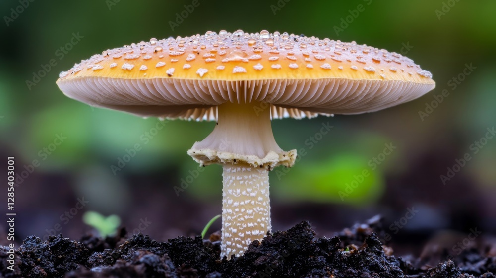 Poster a close-up of a mushroom stem with tiny water droplets on its surface, set against a blurred backgro