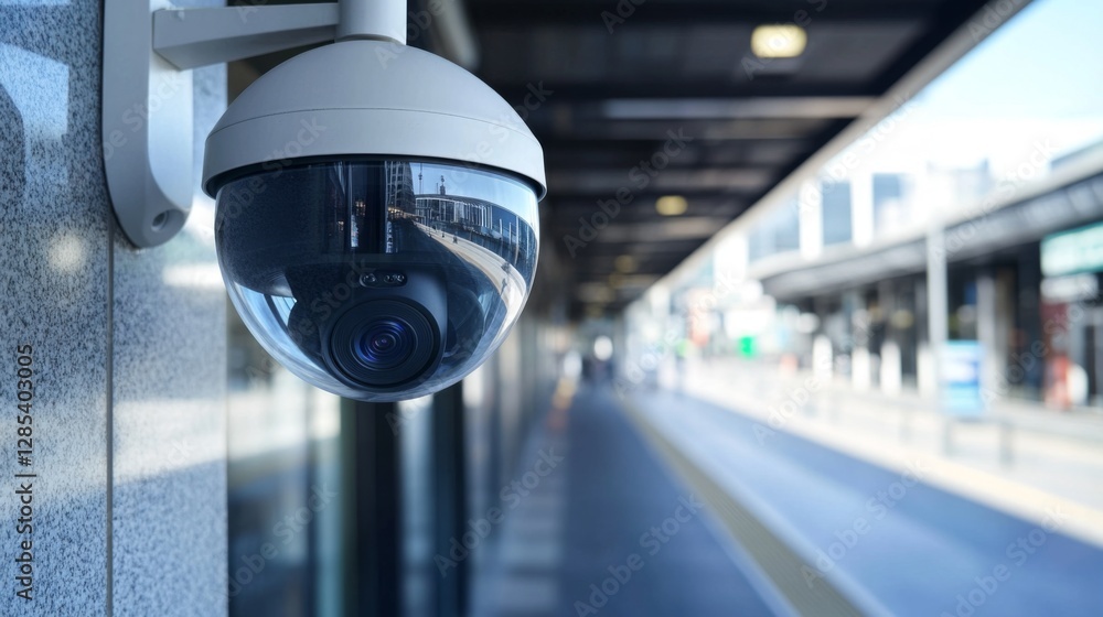 Poster A close-up of a motion-detecting CCTV camera on the side of a public transportation station, with minimalistic design and clean surroundings