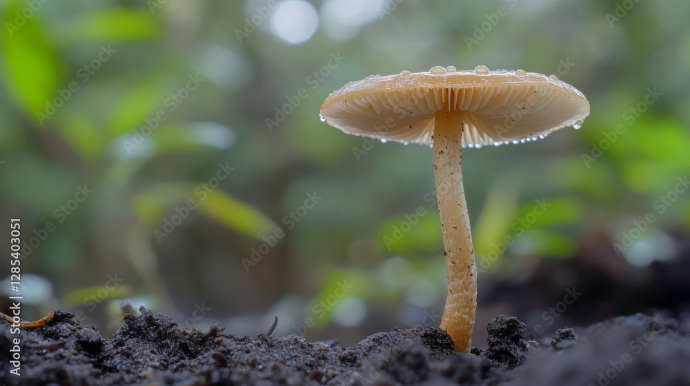 Poster a close-up of a mushroom stem with tiny water droplets on its surface, set against a blurred backgro