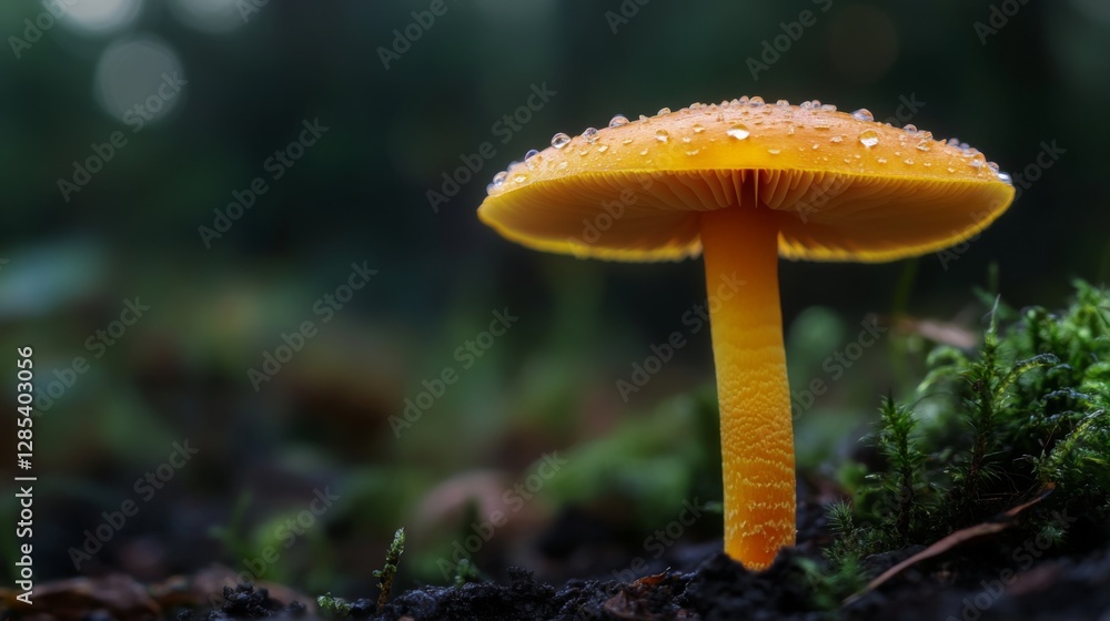 Poster a close-up of a mushroom stem with tiny water droplets on its surface, set against a blurred backgro