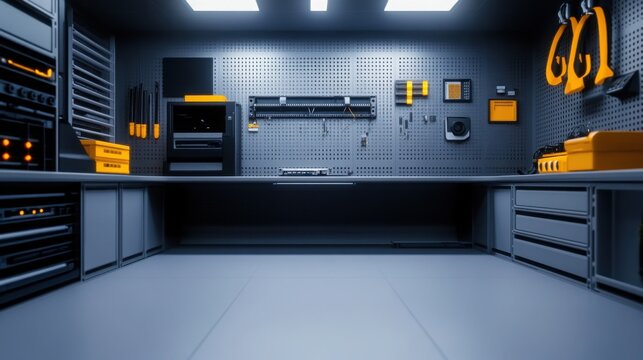  high-tech workroom filled with engineering tools, circuit boards