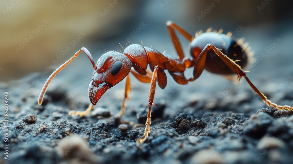 Poster a close-up of a worker ant on a rough surface, capturing the texture of its body and the surface det