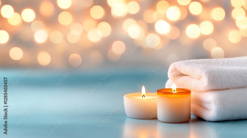 Poster soft towel and calming candle create relaxing atmosphere on table