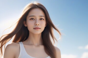Fototapeta premium A woman with long brown hair and a white tank top
