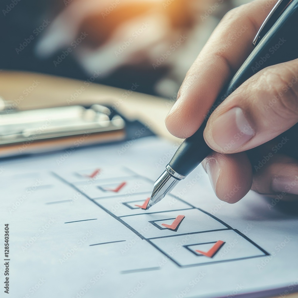 Poster Completing Tasks: Close-up of a Hand Marking a Checklist with a Pen, Signifying Organization and Productivity in Achieving Goals