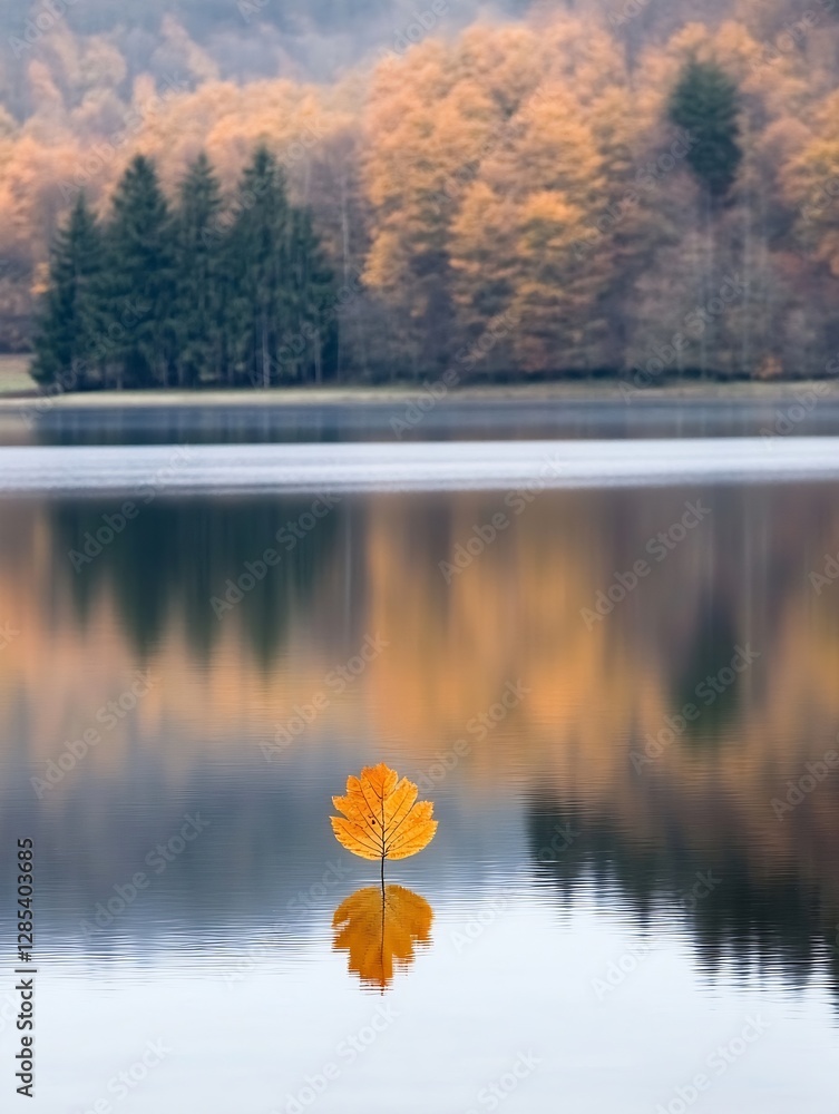Poster lone orange leaf floating on a calm lake surface surrounded by autumn foliage : generative ai