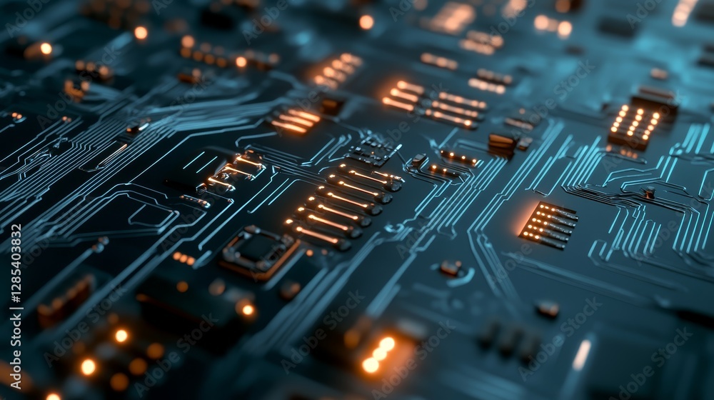 Poster illuminated circuit board closeup view of intricate electronic components and connections