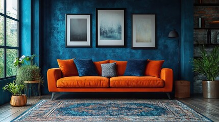A stylish living room includes a blue wall, a modern chair, and eye-catching artwork