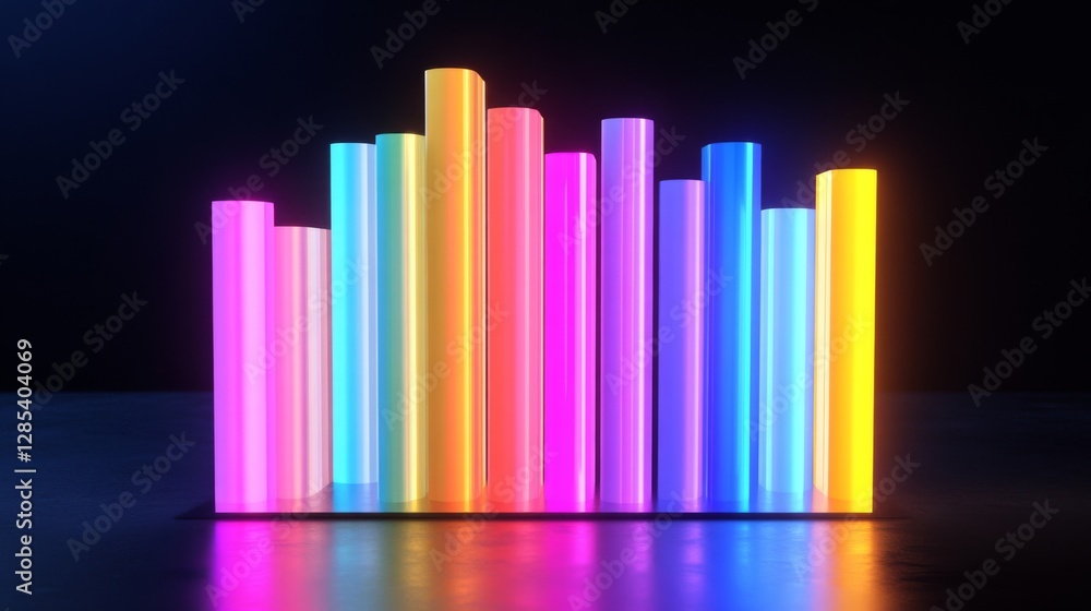Leinwandbilder A colorful D bar chart with tall, gradient-colored bars rising from a digital financial dashboard, with numbers softly glowing in the background