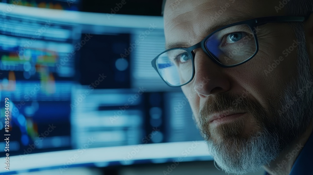 Poster man with glasses concentrating on computer screen in modern office setting