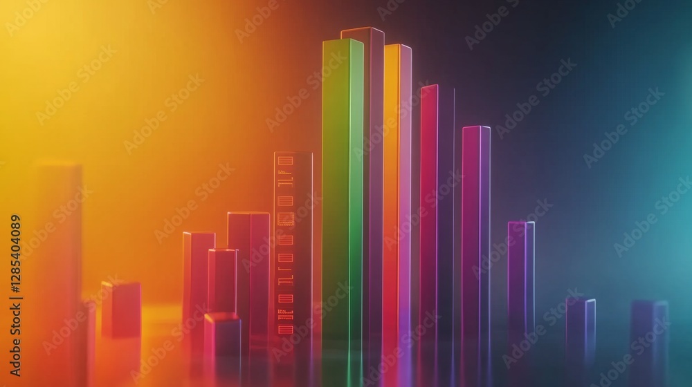 Aufkleber A colorful D bar chart with tall, gradient-colored bars rising from a digital financial dashboard, with numbers softly glowing in the background