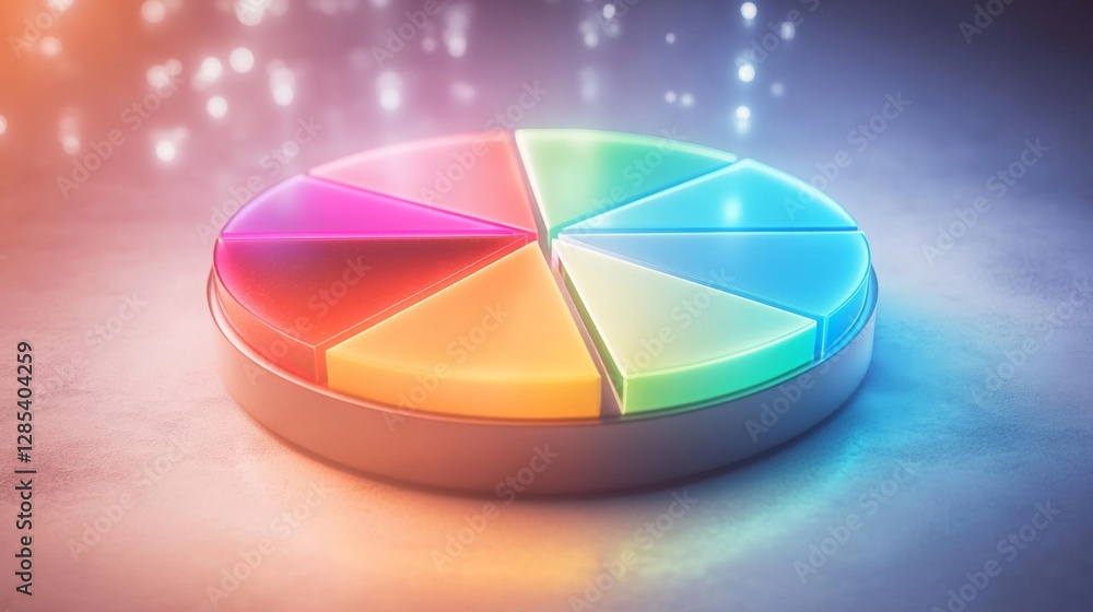 Poster a colorful d pie chart with individual segments floating in mid-air, surrounded by a soft glow, symb