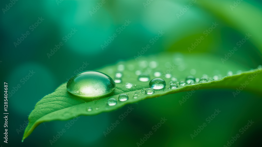 Poster dewdrops on a green leaf with soft focus background creating a fresh and natural atmosphere for natu