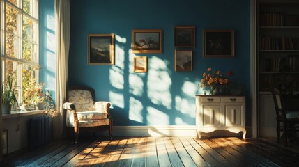 Cozy Living Room With Wooden Floor and Blue Walls Illuminated by Afternoon Sunlight Streaming Through Large Windows