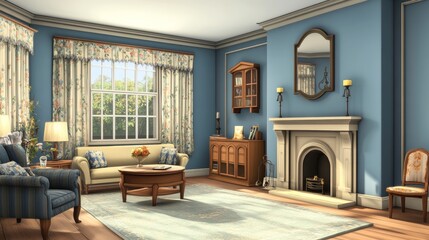 Cozy Living Room With Wooden Floor and Blue Walls Illuminated by Afternoon Sunlight Streaming Through Large Windows