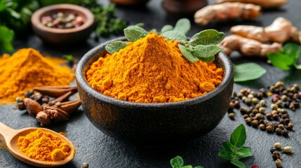 A creative composition of turmeric powder in a small dish, surrounded by various herbs and spices, emphasizing the vibrant color and versatility of this ingredient
