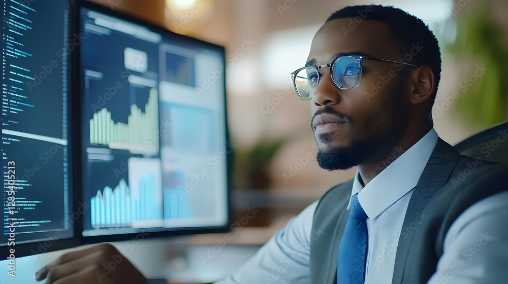 Poster professional man analyzing data on computer screens in a modern office environment with greenery