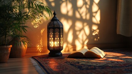 A traditional Ramadan lantern casting shadows on the wall, with a Quran and prayer rug beside it in a peaceful room