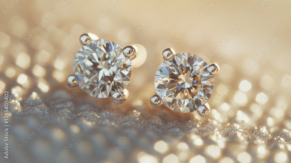 Poster A detailed macro view of a pair of classic diamond earrings resting on a textured surface, with soft shadows enhancing the depth and dimension