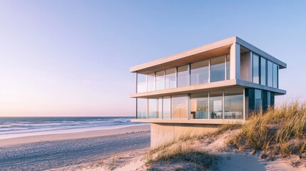 Obraz premium Modern Beachfront House With Glass Walls Overlooking the Ocean During Sunset, Showcasing Contemporary Architecture and Serene Surroundings