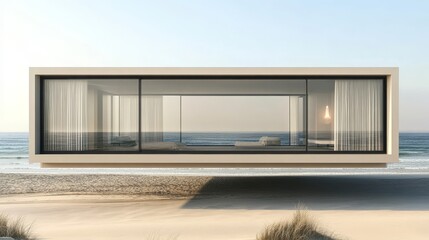 Fototapeta premium Modern Beachfront House With Glass Walls Overlooking the Ocean During Sunset, Showcasing Contemporary Architecture and Serene Surroundings