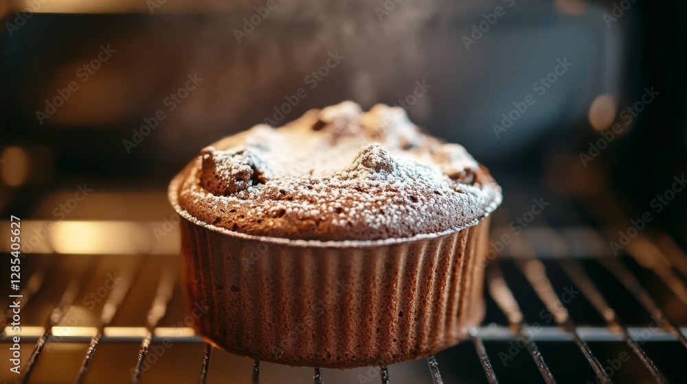 Poster a dramatic shot of a chocolate souffl rising in the oven, with a rich brown color and a dusting of p