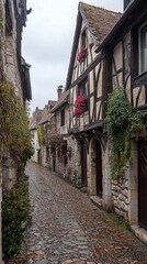 Charming cobblestone street in a medieval European village, featuring half-timbered houses with flower boxes.