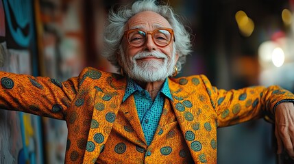 A stylish senior man in a colorful suit breaks age stereotypes with his elegant grandfatherly appearance, playful pose, and positive expression