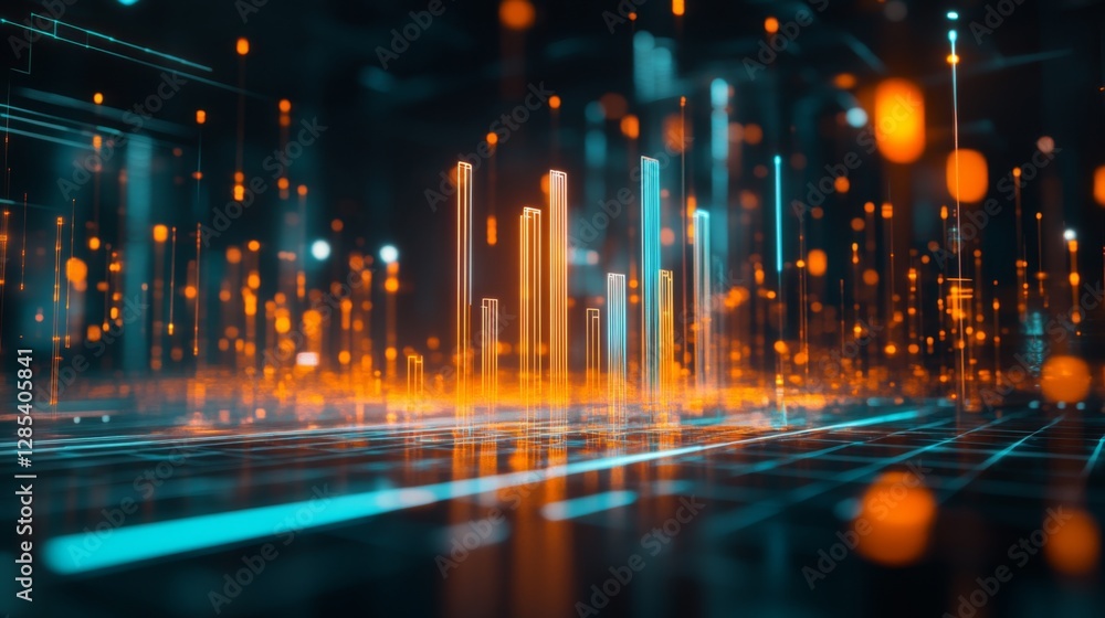 Poster a dynamic d bar chart with translucent bars in different heights, hovering over a futuristic financi