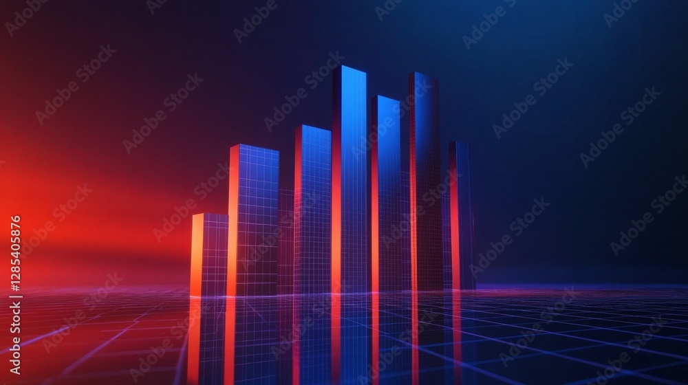 Poster a dynamic bar graph with tall, shiny bars in blue and orange, standing on a reflective grid, symboli