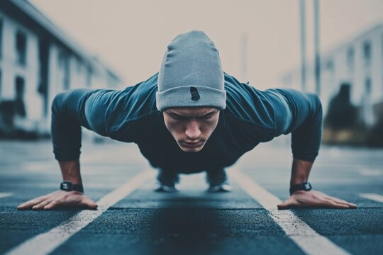 Person performs pushups while listening to music outdoors in an urban setting during daylight hours, Doing push-ups and listening to music