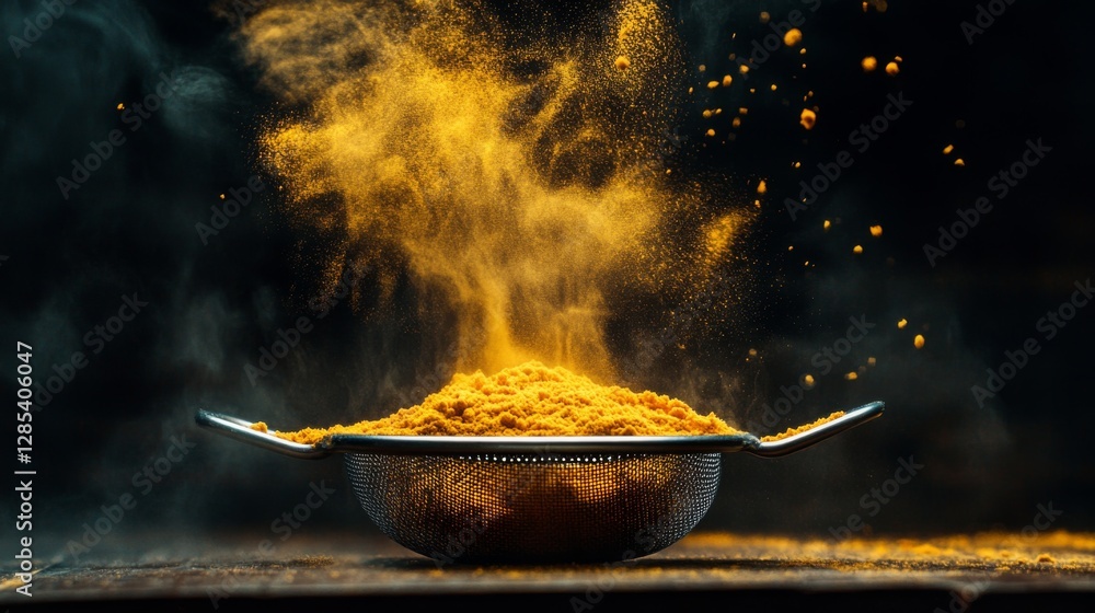 Poster a dynamic shot of turmeric powder being sifted through a fine mesh strainer, with a cloud of yellow 