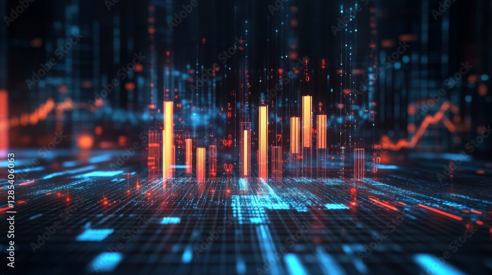 Aufkleber A financial bar chart with translucent bars in ascending order, placed on a dark, sleek background with glowing data points floating around