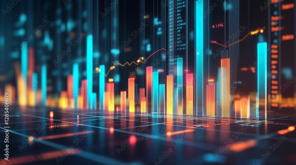 Poster A financial bar chart with translucent bars in ascending order, placed on a dark, sleek background with glowing data points floating around