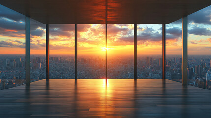 Fototapeta premium A serene sunrise view from a minimalist Tokyo apartment window, casting warm light over a modern interior Symbolizing new beginnings tranquility and urban solitude in a peaceful morning moment