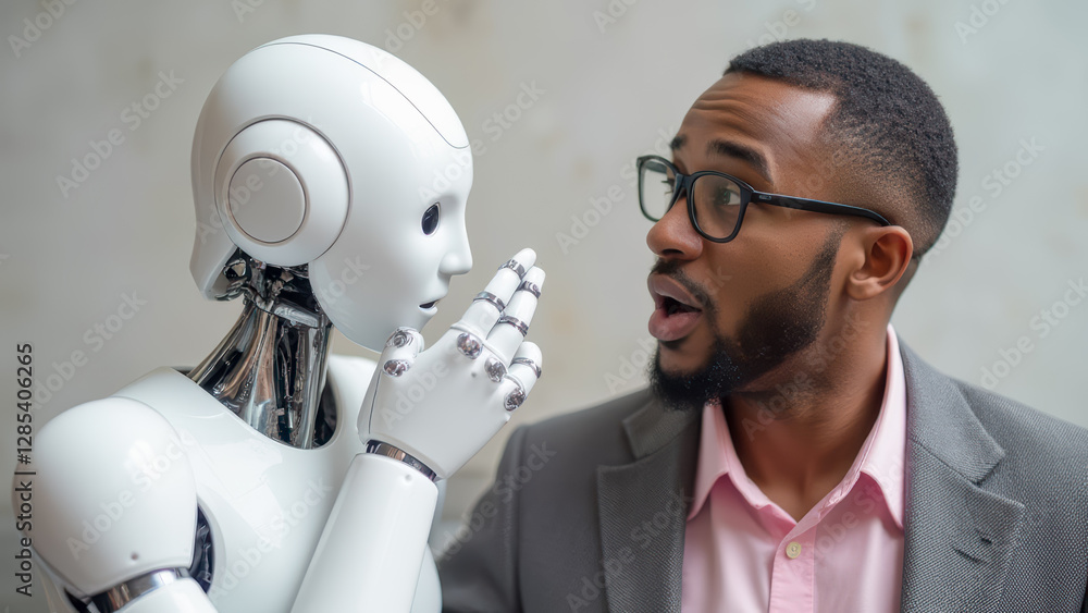 Poster close encounter between a surprised man and a friendly robot in a modern office setting, showcasing 