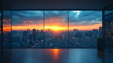 A serene sunrise view from a minimalist Tokyo apartment window, casting warm light over a modern interior Symbolizing new beginnings tranquility and urban solitude in a peaceful morning moment
