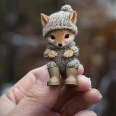 Obraz premium Tiny Fox in Winter Gear: A Miniature Adventure Held in Hand on a Snowy Day for a Whimsical Scene