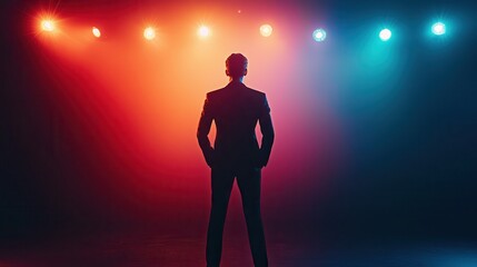 Confident Host Standing Under Bright Stage Lights in Vibrant Colors Displaying Anticipation and Poise