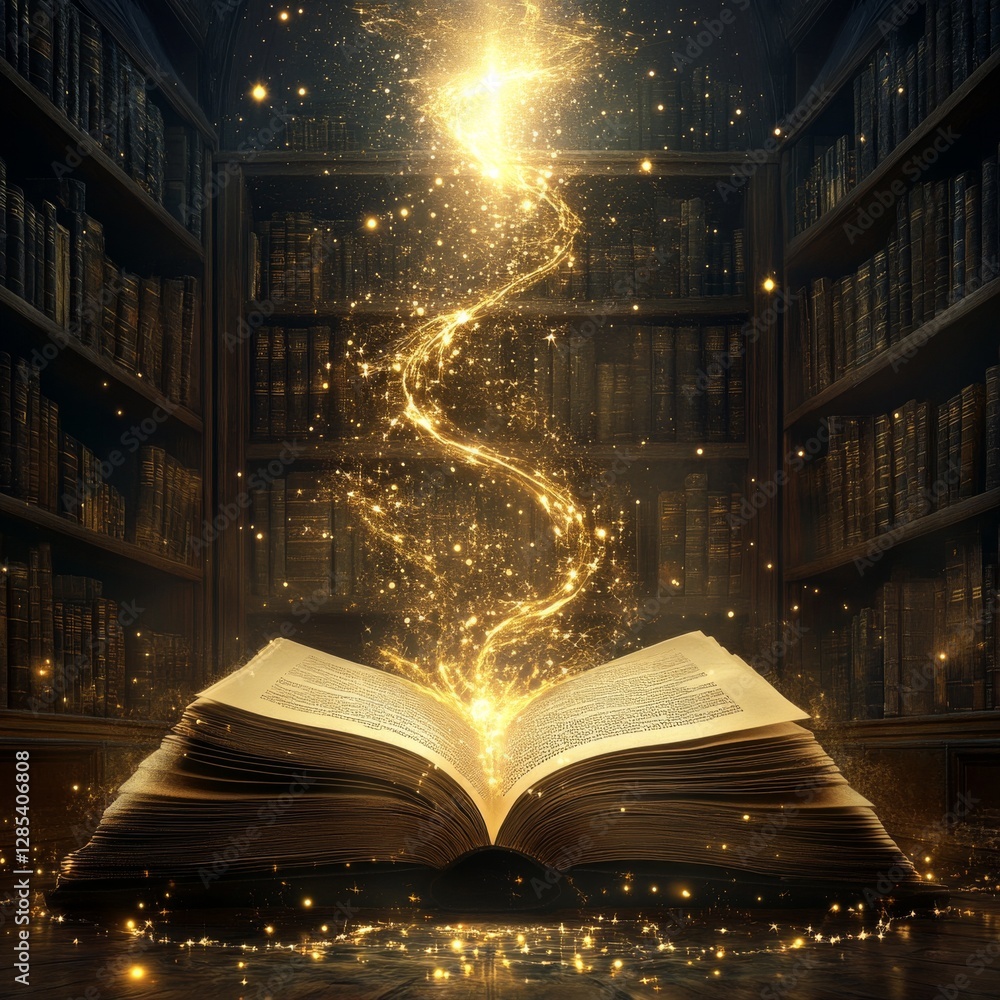Poster unveiling the enchanting power of knowledge: a mystical book sparks brilliance in a timeless library