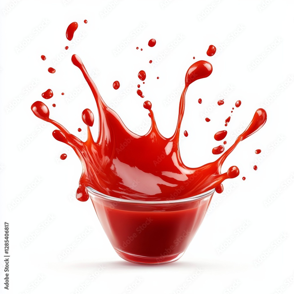 Poster vibrant red liquid splashing from a glass bowl, a bold and dynamic display of motion and color on a 