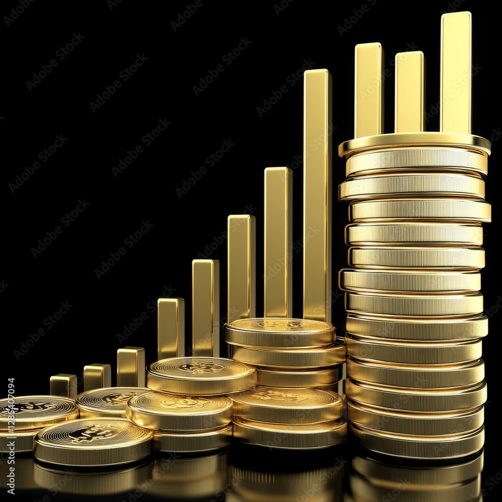 Fototapete a gold coin stack with a growing bar chart in the background, symbolizing wealth accumulation