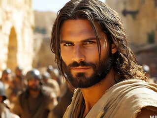 A man with long hair and a beard looks forward